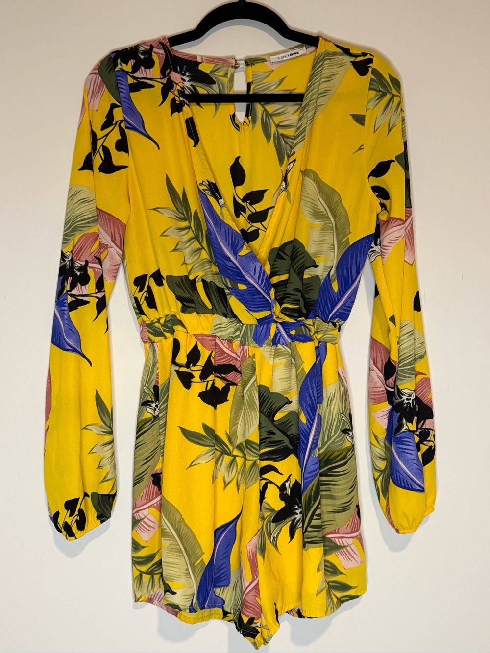 Fashion Nova Yellow Tropical Print Long Sleeve Romper